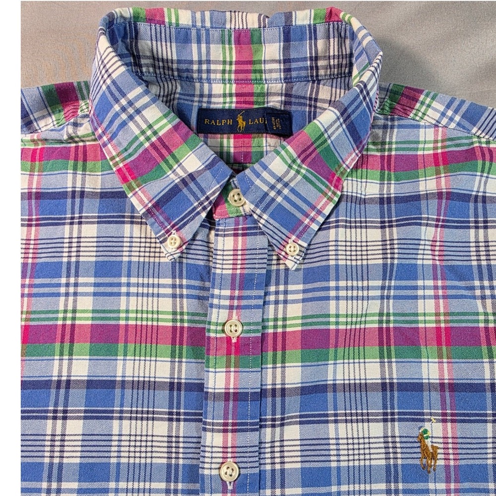 Ralph Lauren Button Up Men XXL Blue Pink Plaid Short Sleeve Cotton Shirt